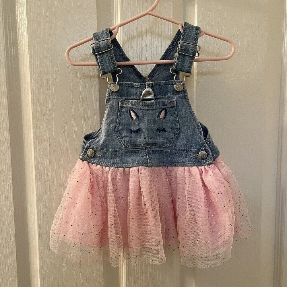 Oshkosh B'gosh Unicorn Overall Dress Pink Tulle Vestbak Denim Girls SZ 12 Months
